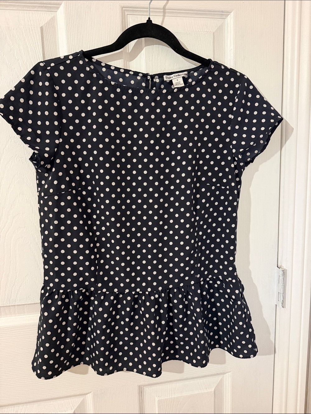 Polka Dot Ruffle Hem Top - Navy with White Dots
